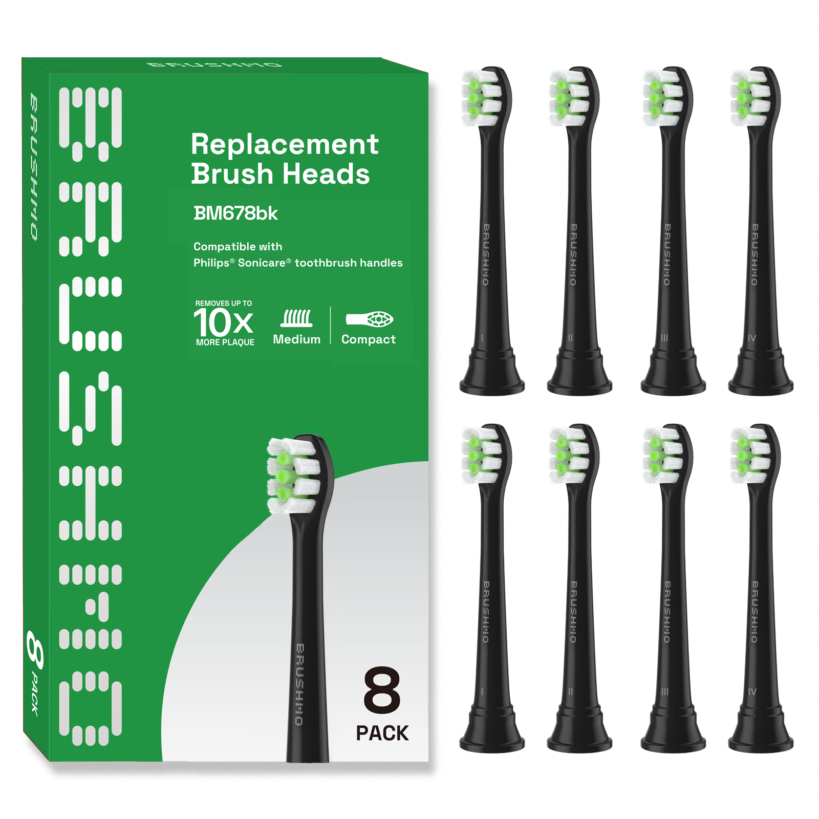 Compact Whitening Replacement Toothbrush Heads Compatible with Philips Sonicare DiamondClean - 8 Pack, Black
