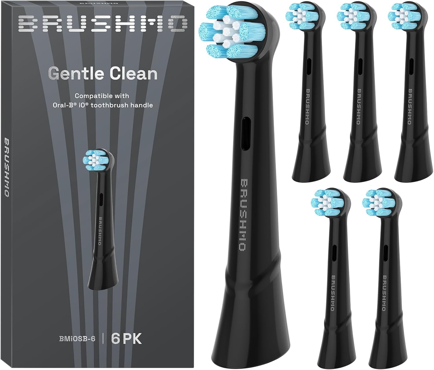 Gentle Clean Replacement Toothbrush Heads Compatible with Oral B iO Series- Plaque Removal, Gum Care, Standard (6 pack), Black