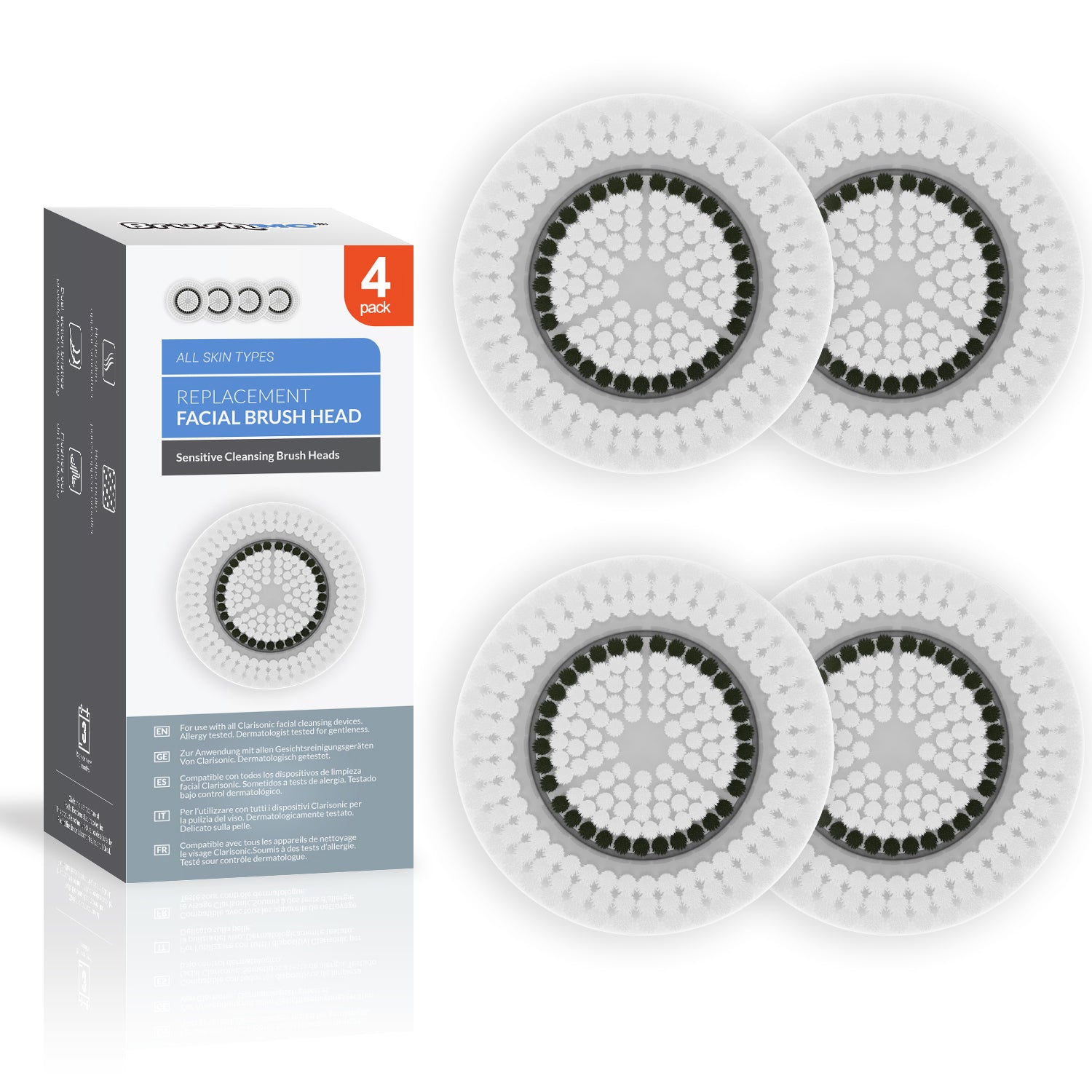 Replacement Facial Cleansing Brush Heads for Clarisonic - Sensitive Cleansing, 4 Pack