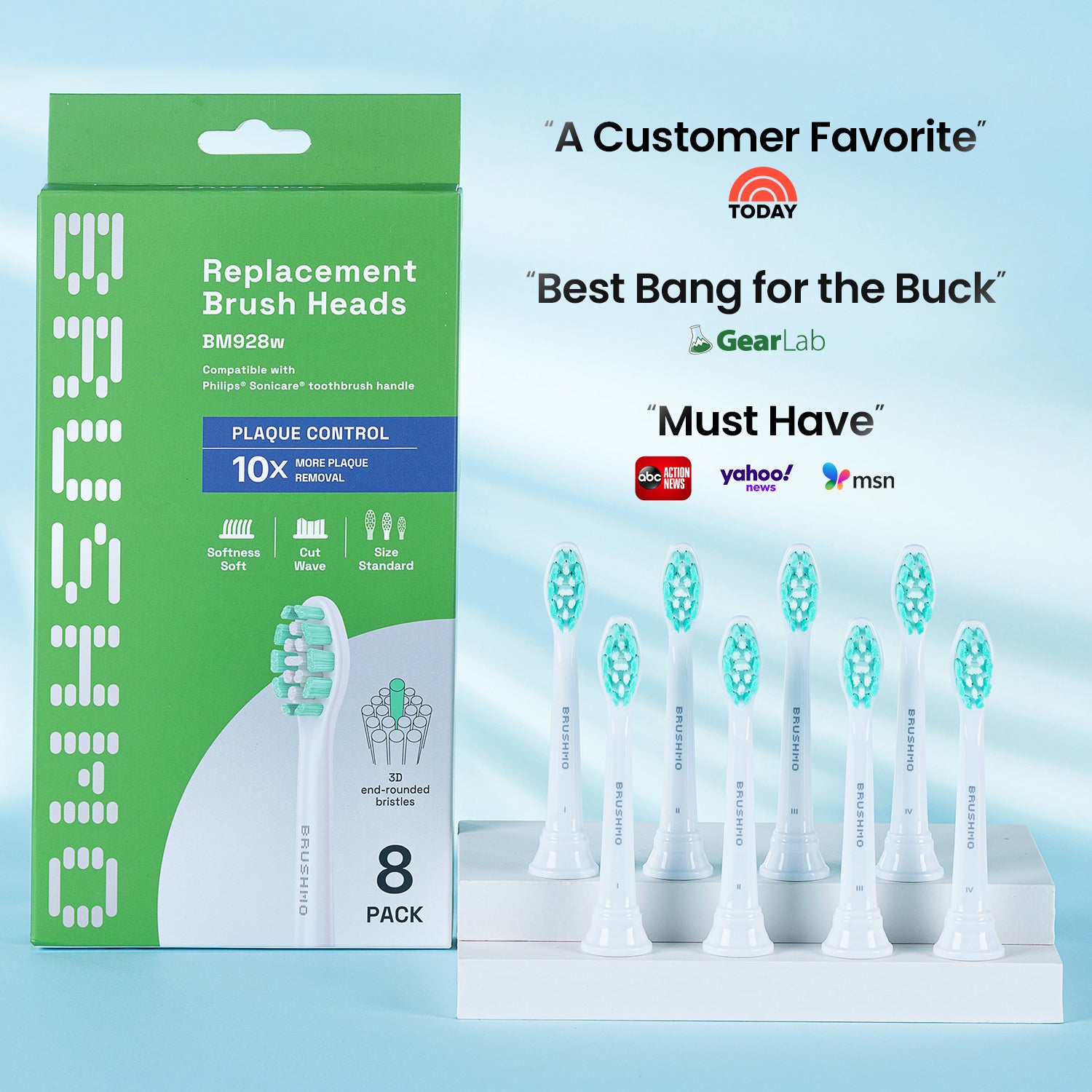 Plaque Control Replacement Toothbrush Heads Compatible with Philips Sonicare - 8 Pack, White