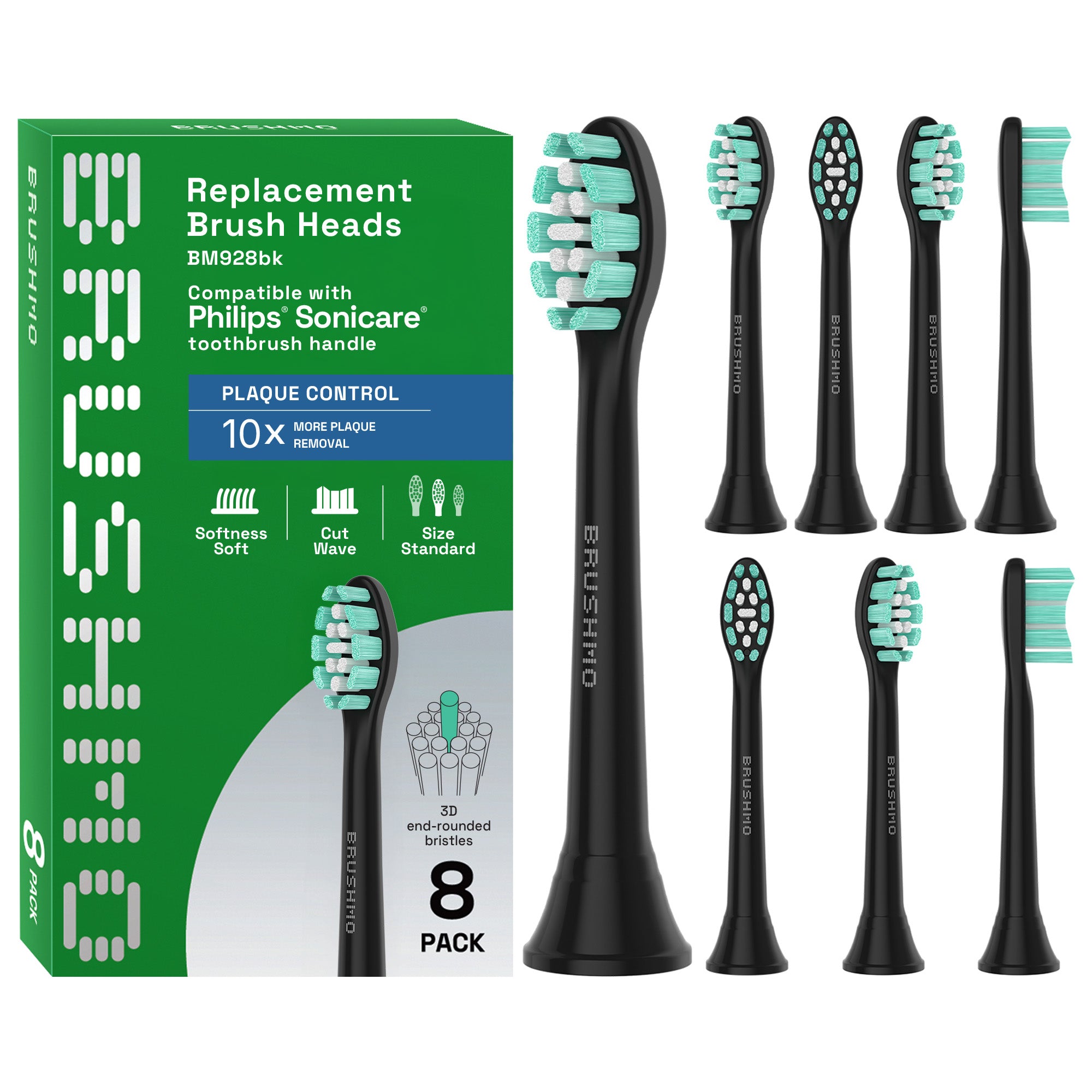 Plaque Control Replacement Toothbrush Heads Compatible with Philips Sonicare - 8 Pack, Black