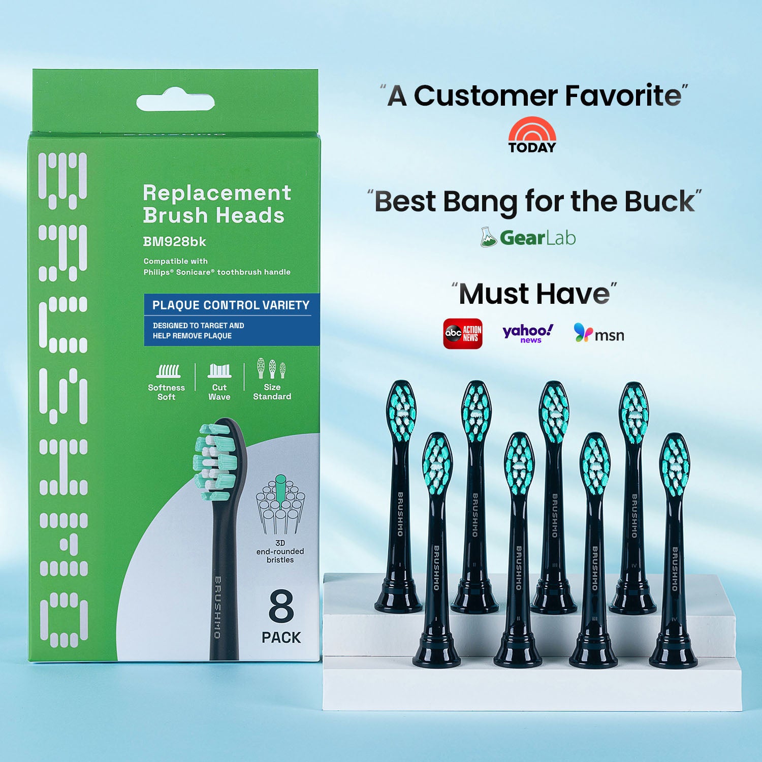 Replacement Toothbrush Heads Compatible with Philips Sonicare- Plaque Control (8 Pack), Black