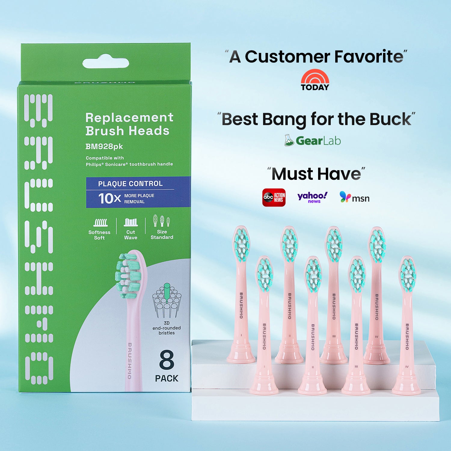 Plaque Control Replacement Toothbrush Heads Compatible with Philips Sonicare - 8 Pack, Pink