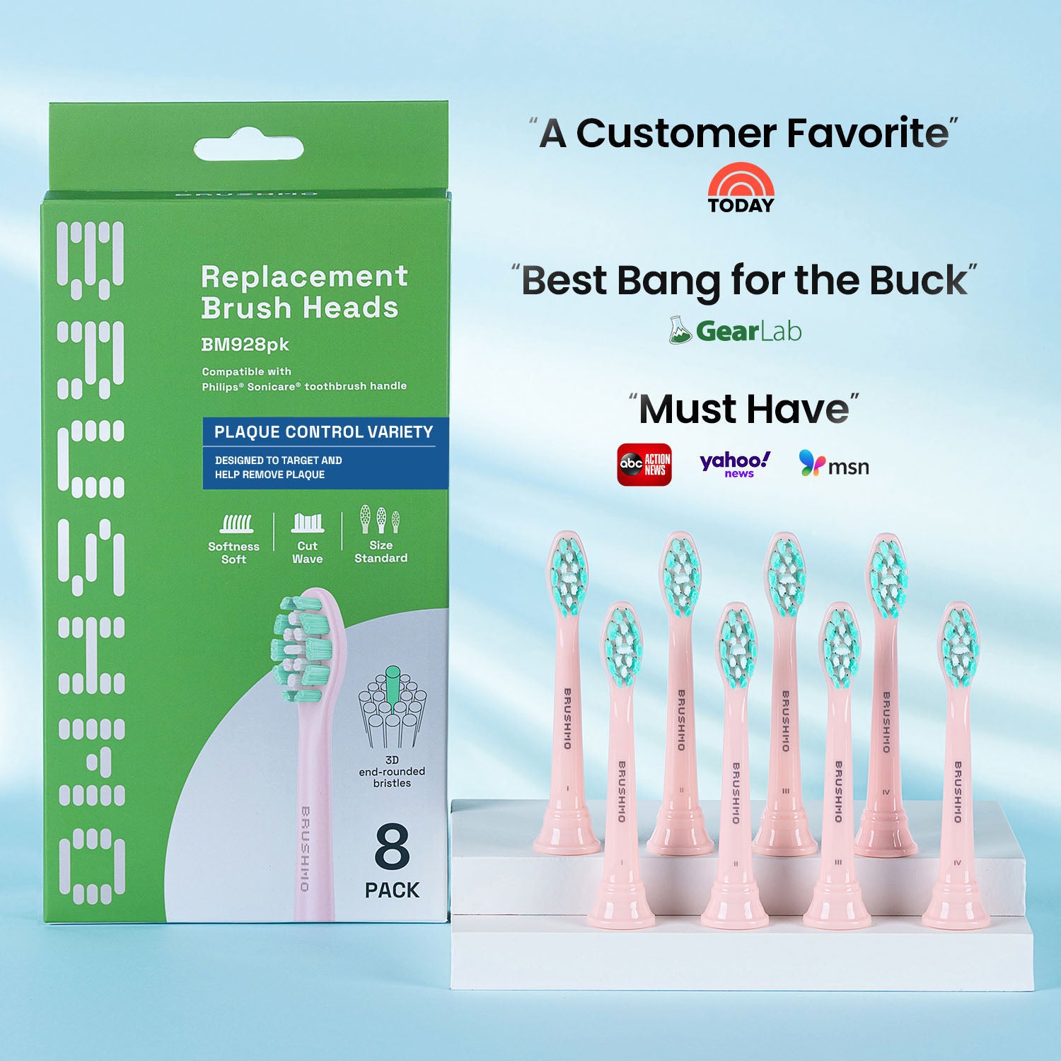 Replacement Toothbrush Heads Compatible with Philips Sonicare- Plaque Control (8 Pack), Pink