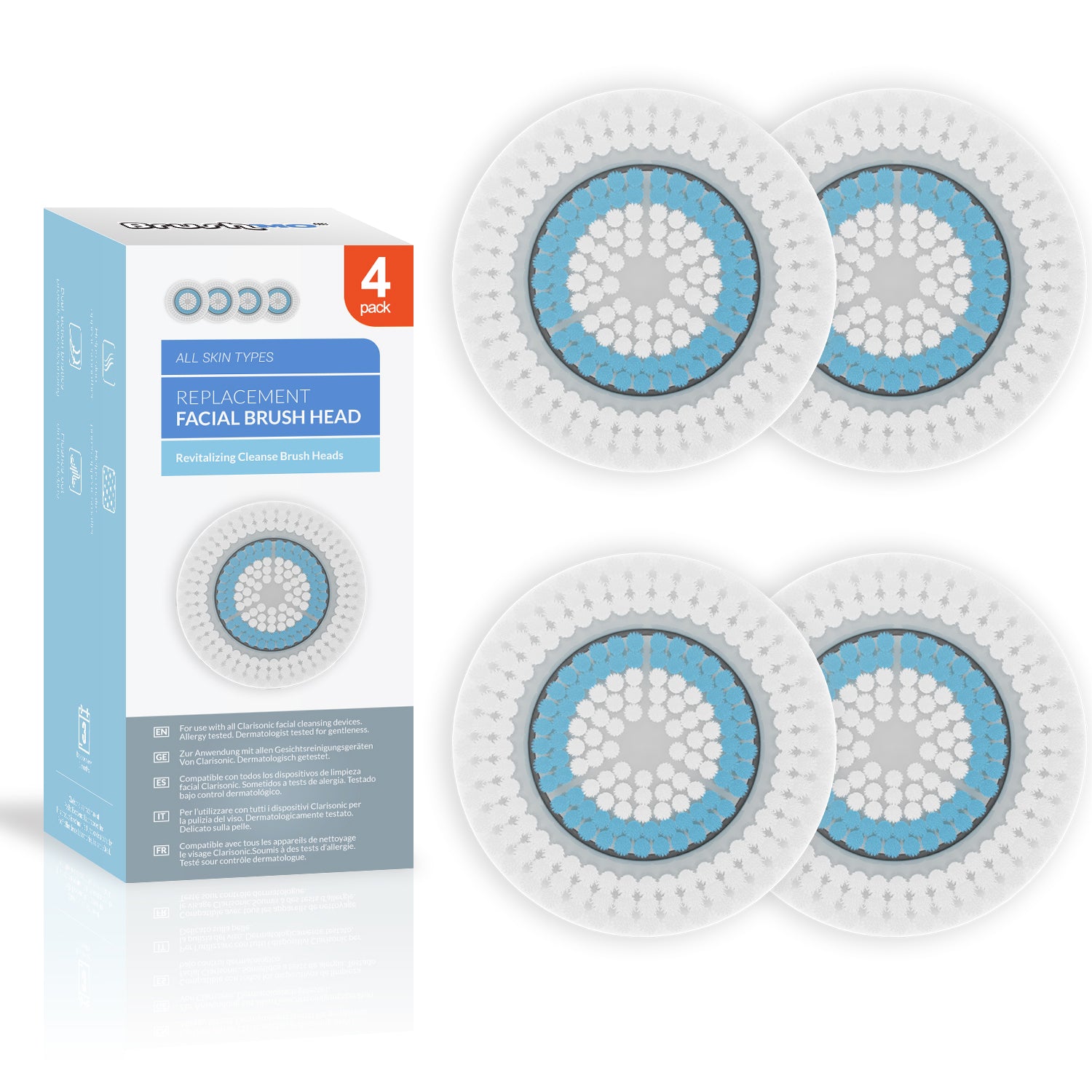 Replacement Facial Cleansing Brush Heads for Clarisonic -  Revitalizing Cleanse, 4 Pack