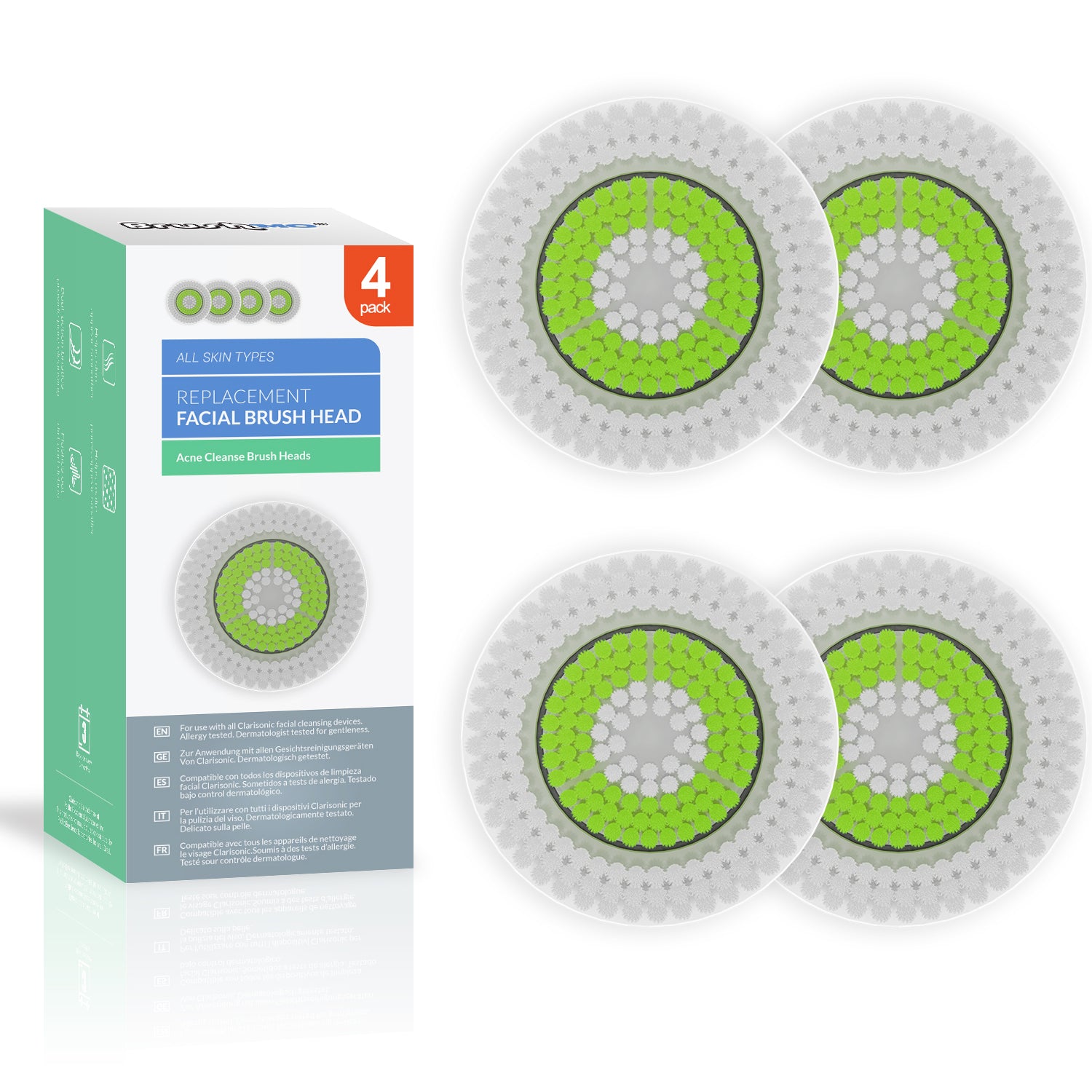 Replacement Facial Cleansing Brush Heads for Clarisonic, Acne Cleanse, 4 Pack
