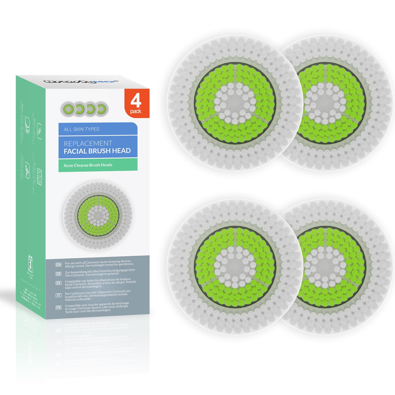 Replacement Facial Cleansing Brush Heads for Clarisonic- Acne Cleanse, 4 Pack