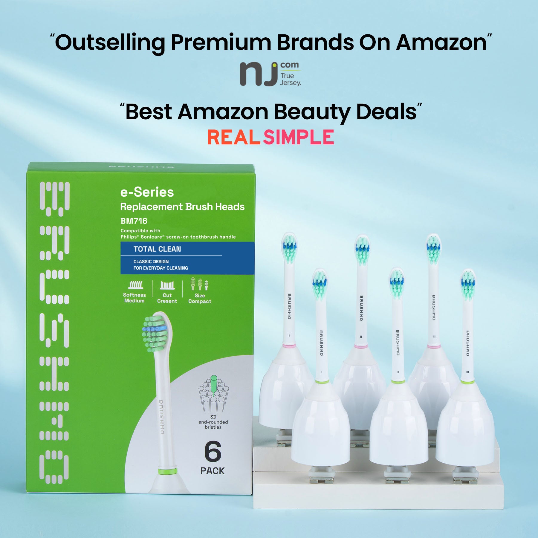 Replacement Toothbrush Heads Compatible with Philips Sonicare e-Series- Total Clean (6 Pack), Compact, White