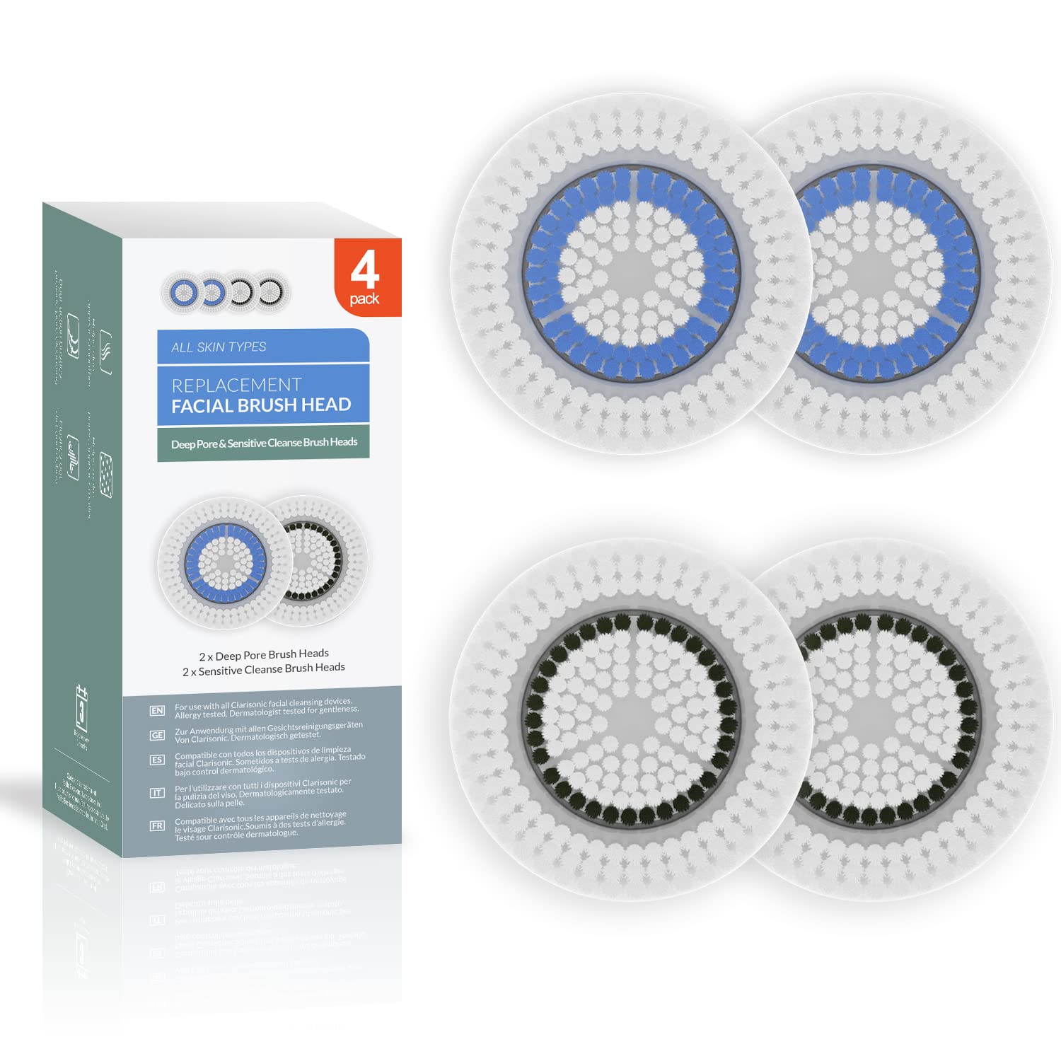 Replacement Facial Cleansing Brush Heads for Clarisonic, 2 x Sensitive and 2 x Deep Pore, 4-pack