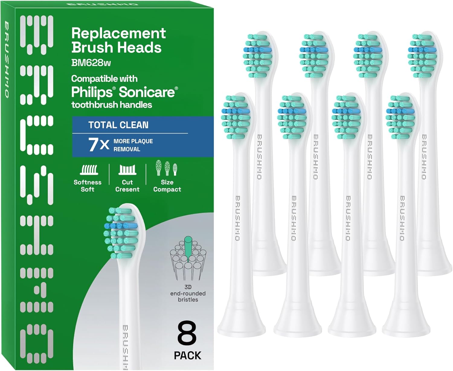 Compact Total Clean Replacement Toothbrush Heads Compatible with Philips Sonicare - 8 Pack, White