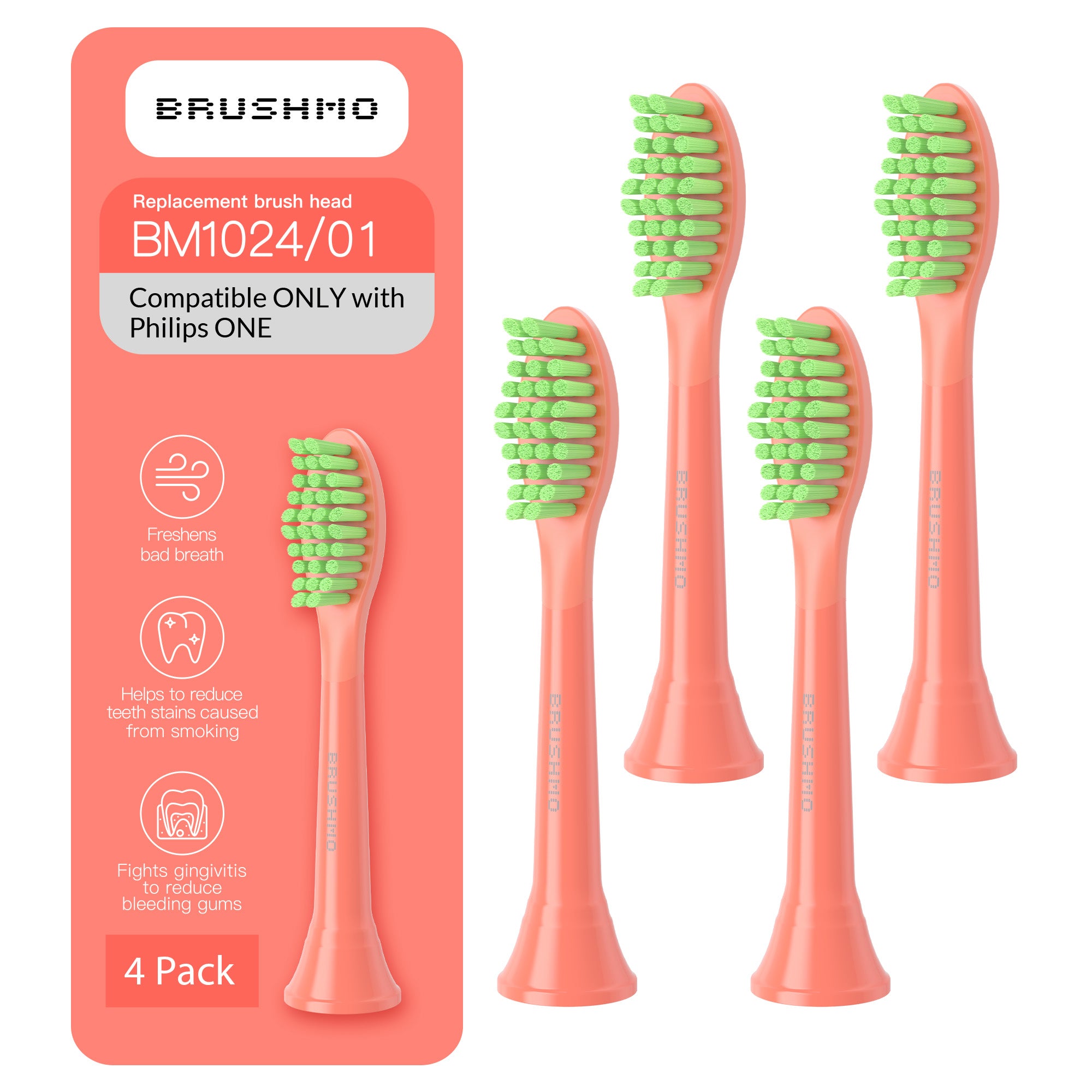 Replacement Toothbrush Heads Compatible with Philips Sonicare One - 4 Pack, Miami Coral