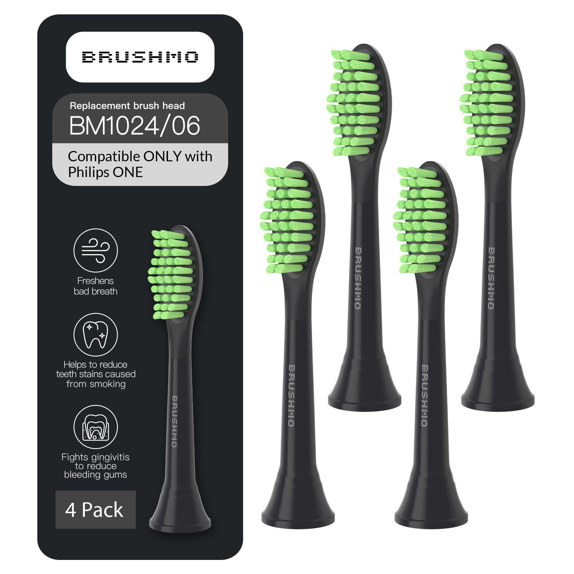 Replacement Toothbrush Heads Compatible with Philips Sonicare One - 4 Pack, Shadow Black