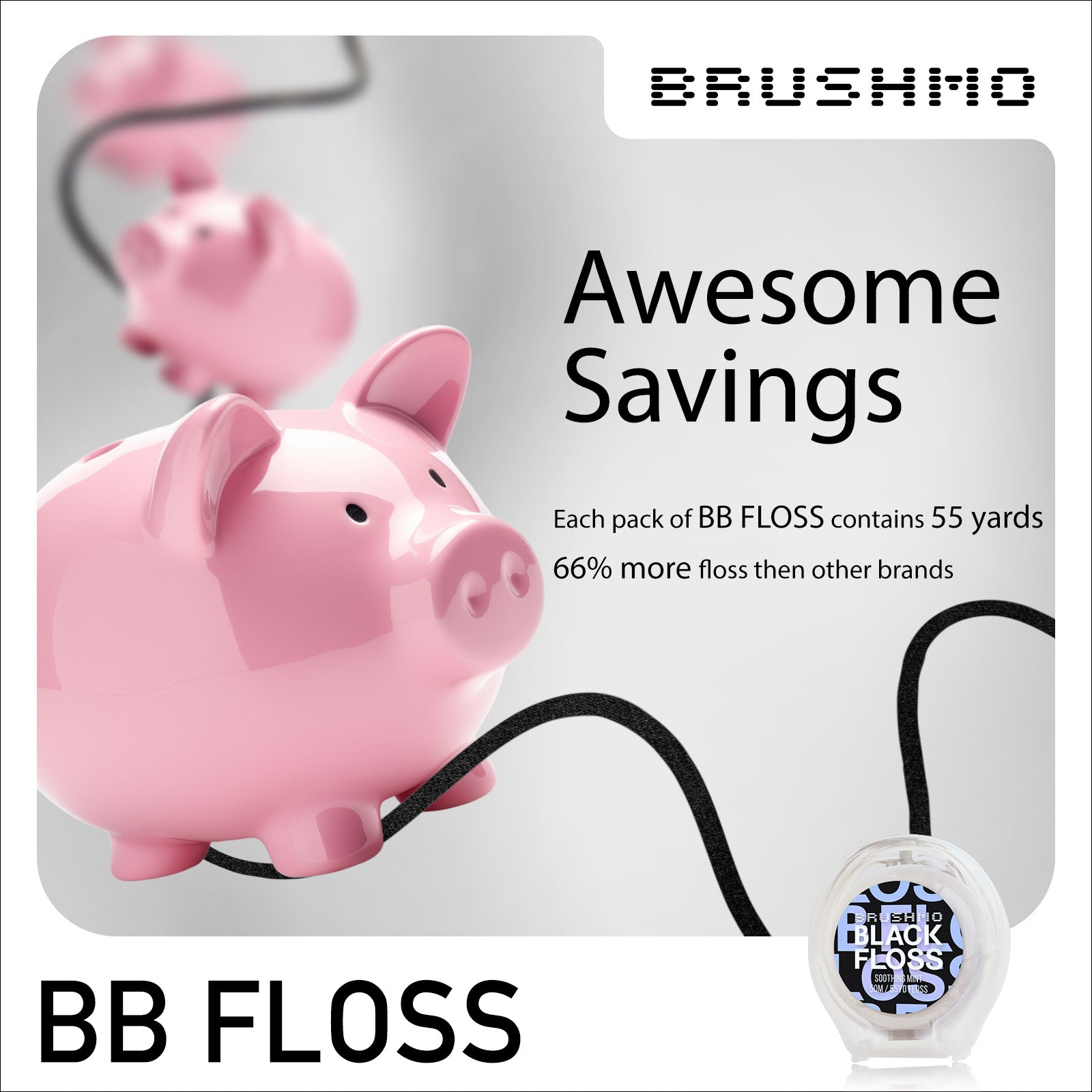 Brushmo Black Floss, Expanding Dental Floss, 165 YD, 3pk