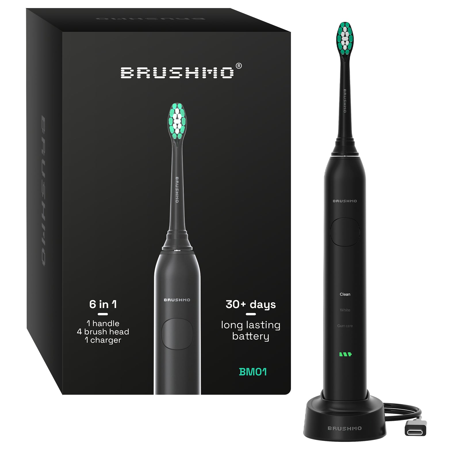 Brushmo Rechargeable Sonic Toothbrush BM01-1A, Black