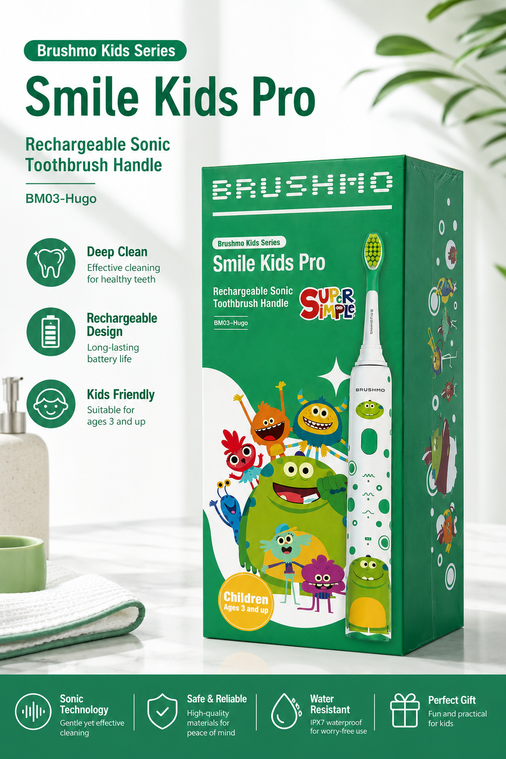 BRUSHMO x Super Simple Songs Kids Sonic Electric Toothbrush BM03 Hugo