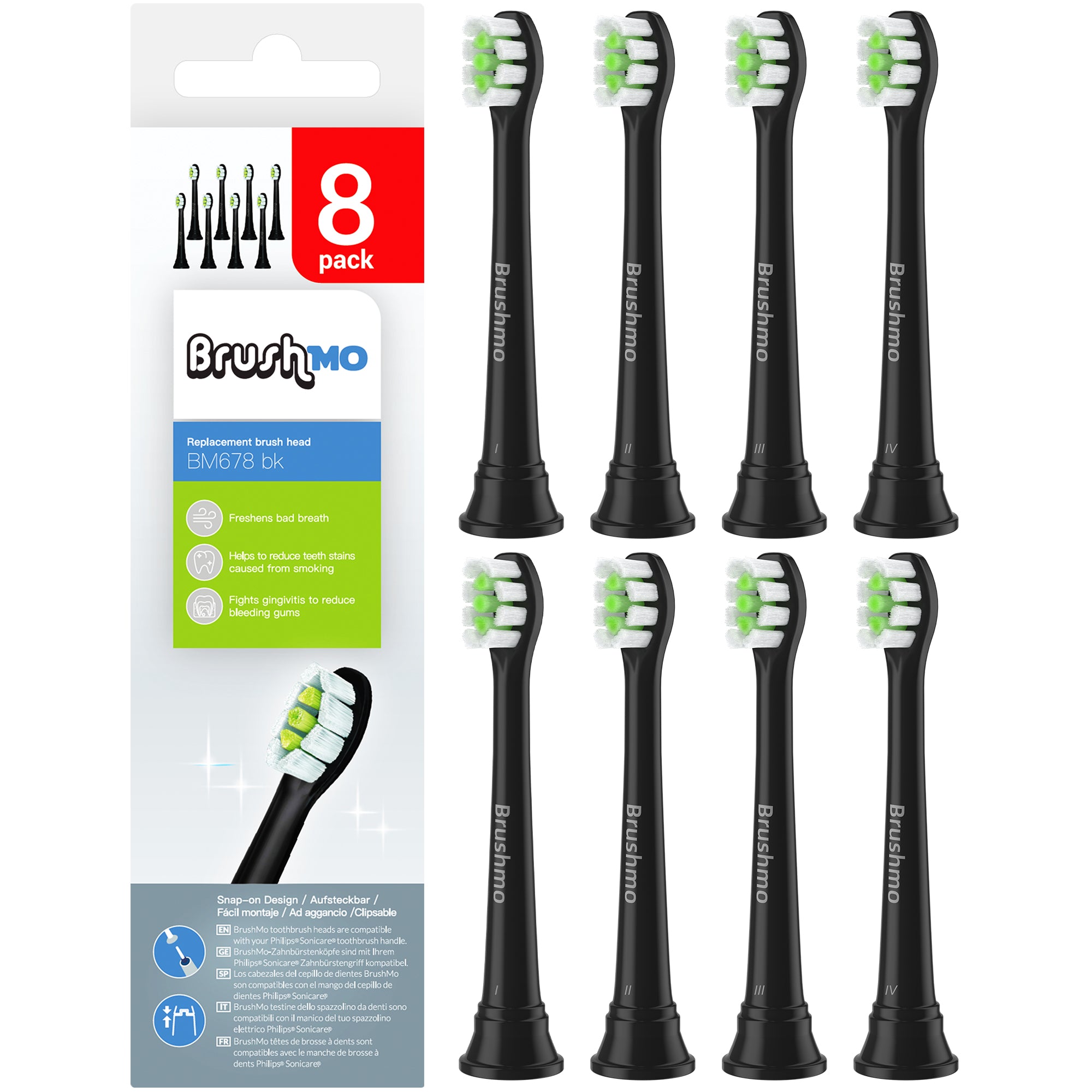 Replacement toothbrush heads for Philips Sonicare DiamondClean HX6072, Black, 8 pack compact