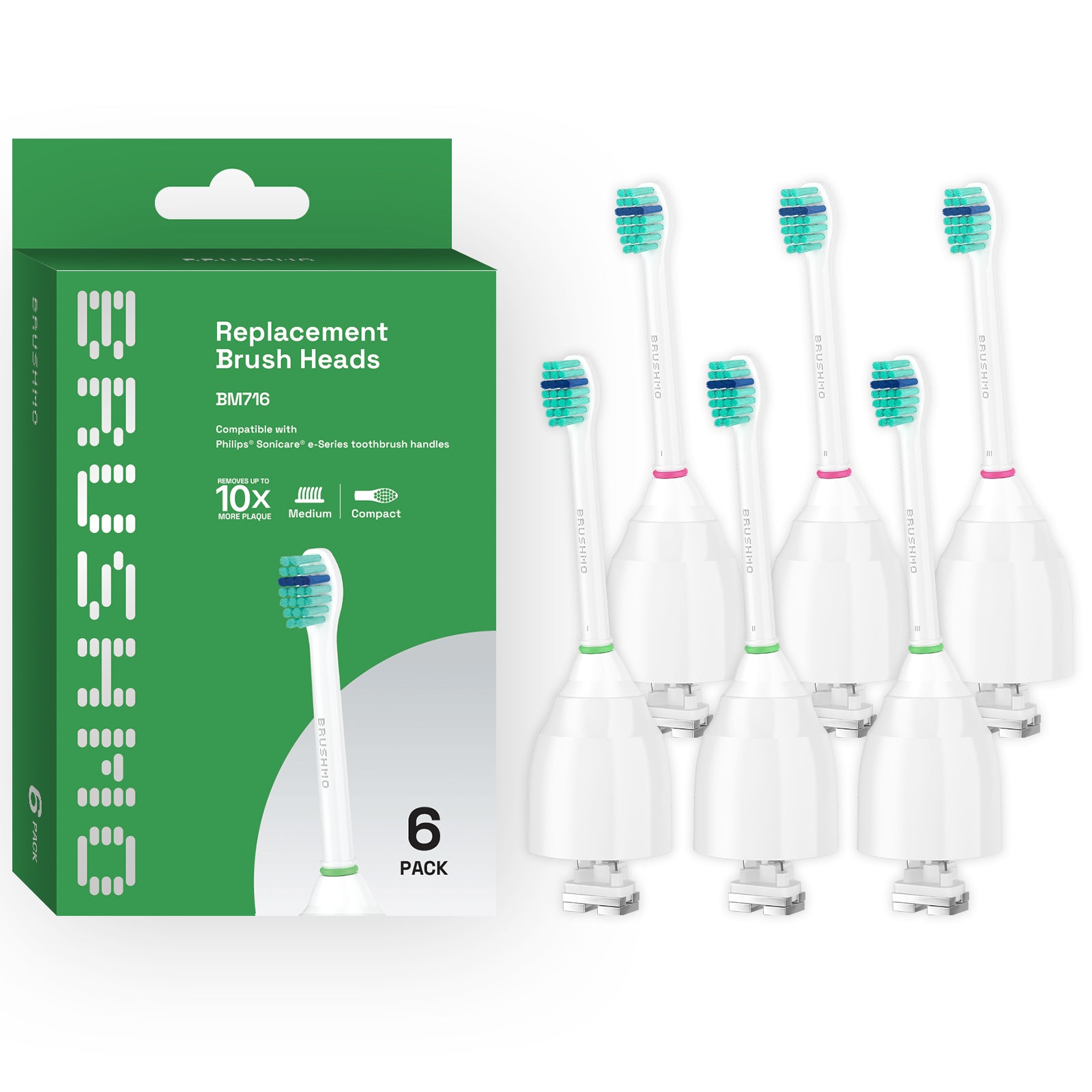 Compact Total Clean e-Series Replacement Toothbrush Heads Compatible with Philips Sonicare e-Series HX7012, 6 Pack, White