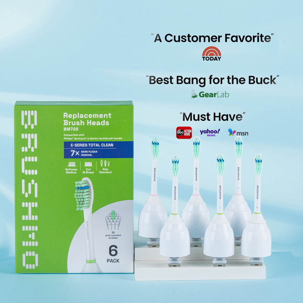 Total Clean e-Series Replacement Toothbrush Heads Compatible with Philips Sonicare e-Series - 6 Pack, White