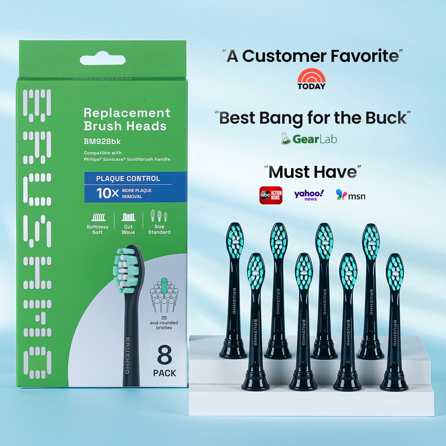 Plaque Control Replacement Toothbrush Heads Compatible with Philips Sonicare - 8 Pack, Black