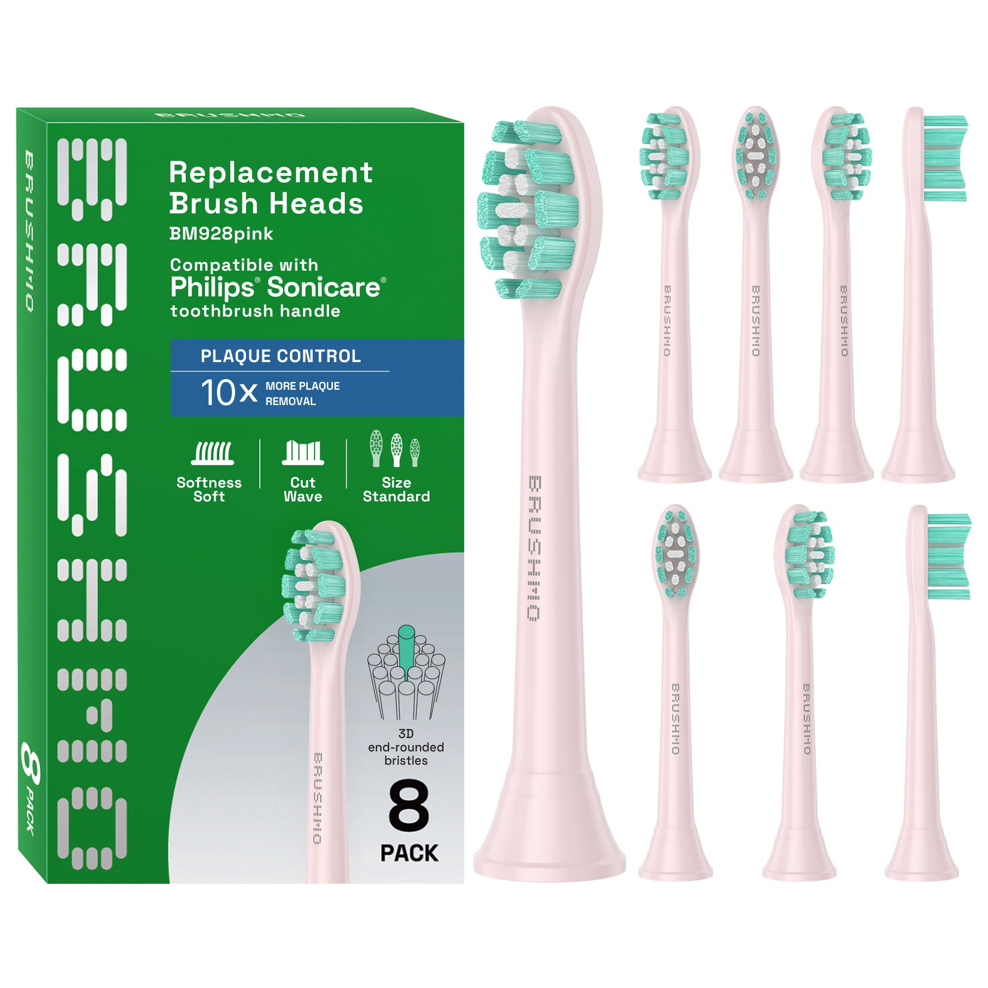 Plaque Control Replacement Toothbrush Heads Compatible with Philips Sonicare - 8 Pack, Pink