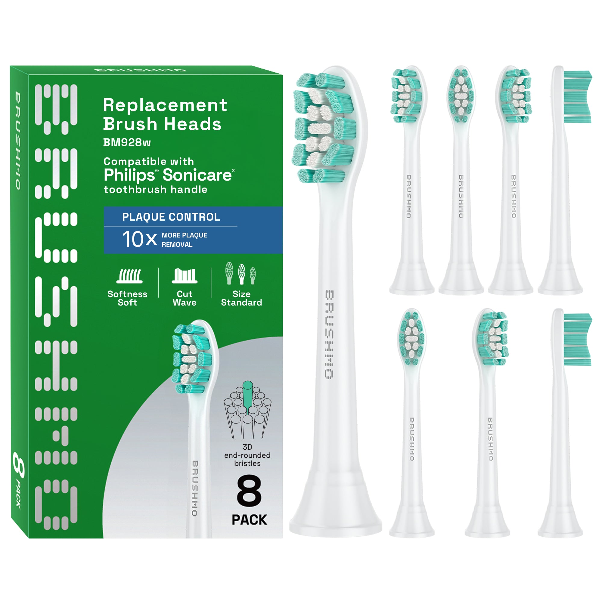 Plaque Control Replacement Toothbrush Heads Compatible with Philips Sonicare - 8 Pack, White