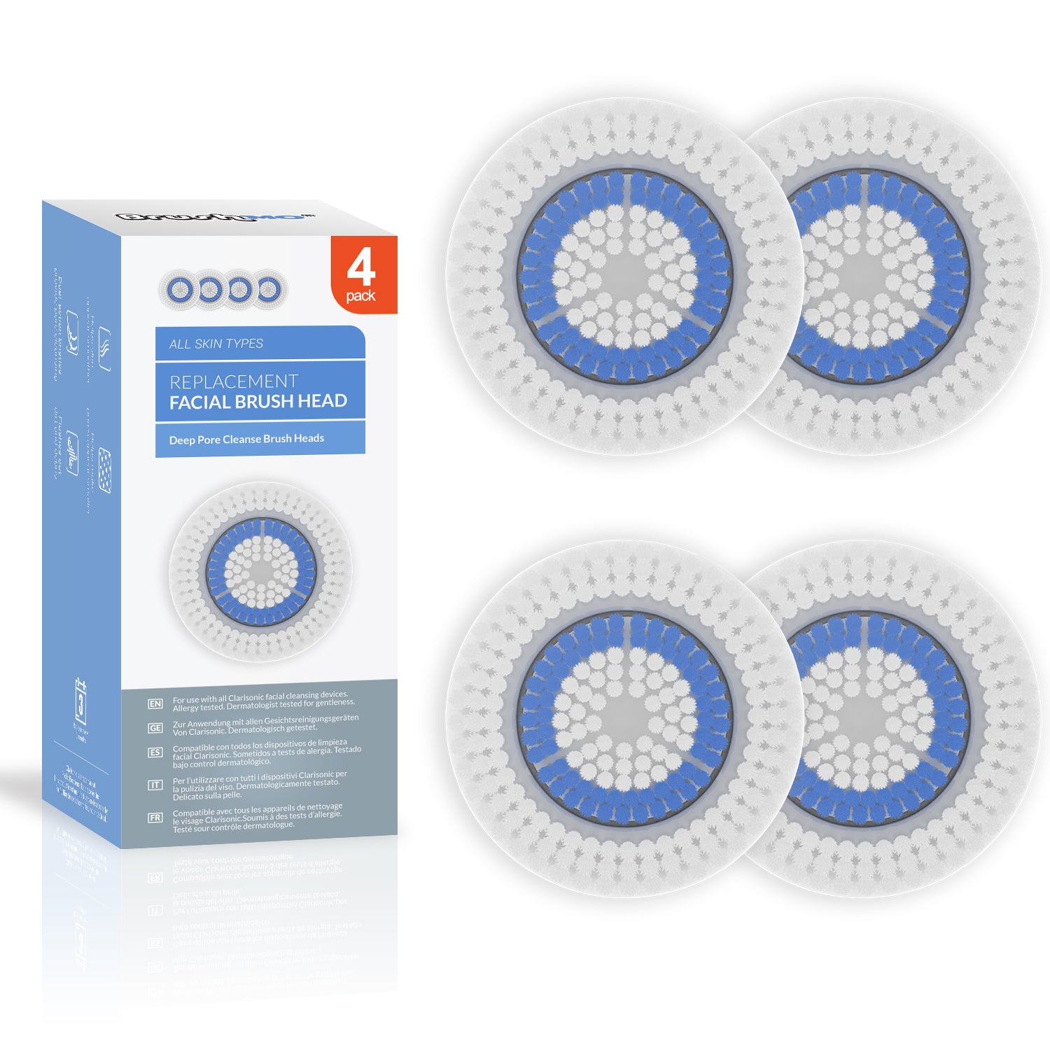 Replacement Facial Cleansing Brush Heads for Clarisonic, Deep Pore, 4 Pack
