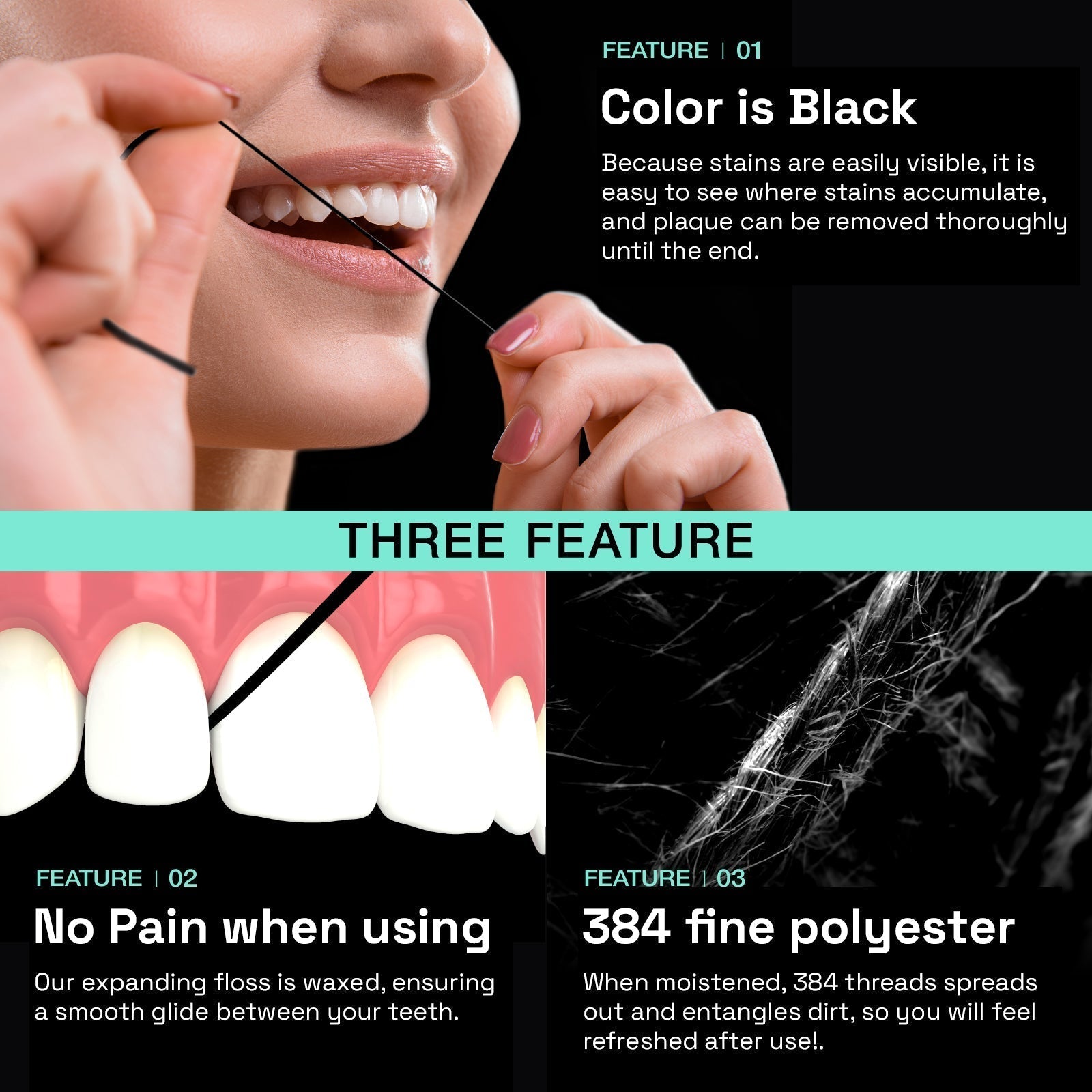 Brushmo Black Floss, Expanding Dental Floss, 275YD, 5pk
